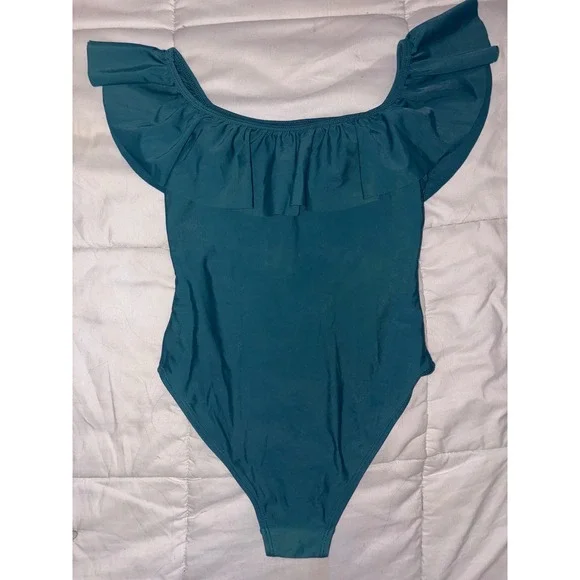 Calar del Sol Womens Teal Off Shoulder Ruffle One Piece Swimsuit Small - Picture 3 of 5